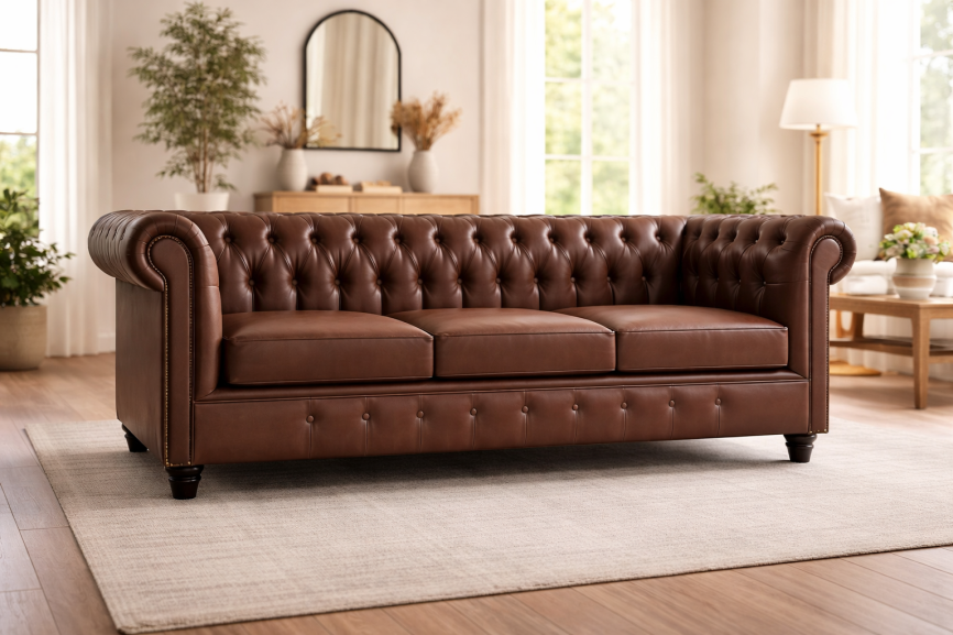 Sofá estilo chesterfield en ecocuero color café, con capitoné envolvente, brazos enrollados y diseño clásico.