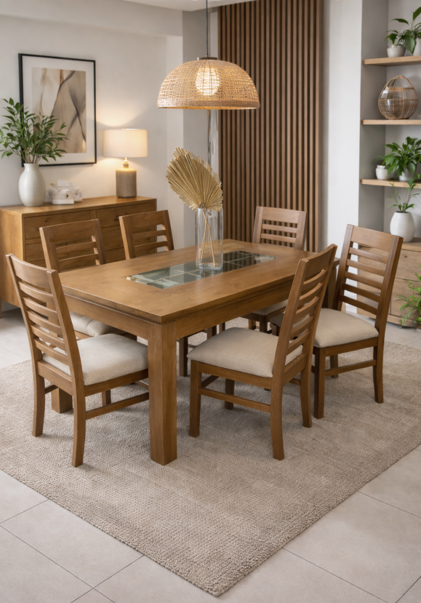 Comedor con mesa rectangular de madera, centro de vidrio y sillas Siena con asiento tapizado en tono beige.