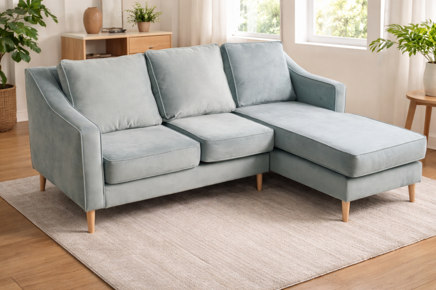 Sofá seccional con chaise, tapizado en felpa color celeste grisáceo, de estética fresca, brazos suaves y diseño acogedor.