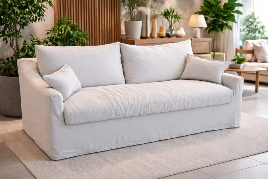 Sofá desenfundable de lino natural prelavado color gris perla, con respaldo acogedor y líneas sobrias.