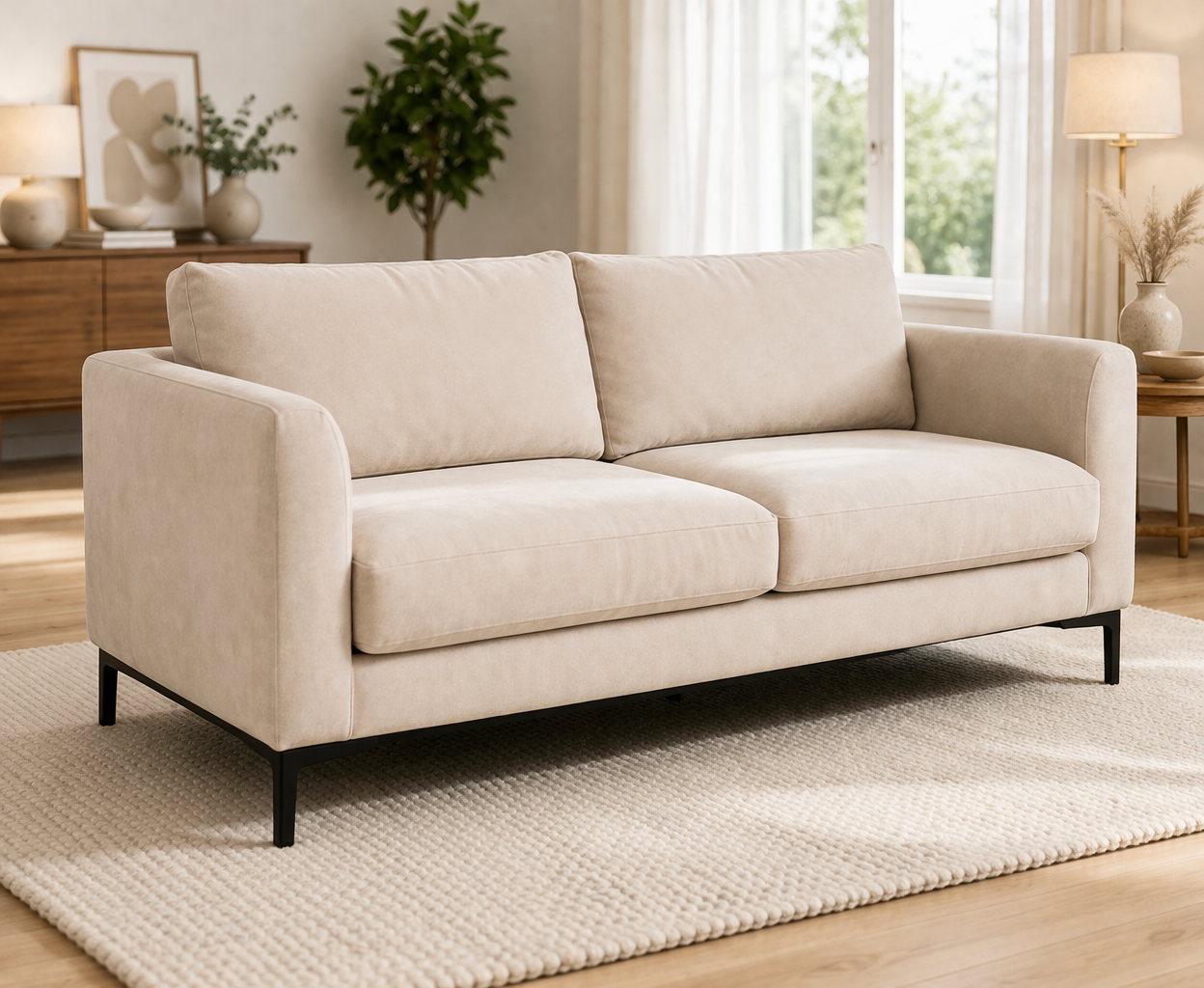 Sofá de diseño envolvente y contemporáneo, tapizado en tela Niza color beige, con proporciones cómodas y base metálica negra.