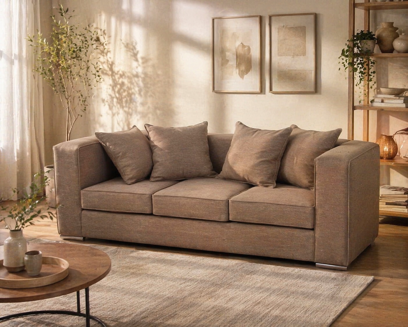 Sofá moderno de líneas limpias, tapizado en tela chenille color café, con diseño amplio y estética cálida.
