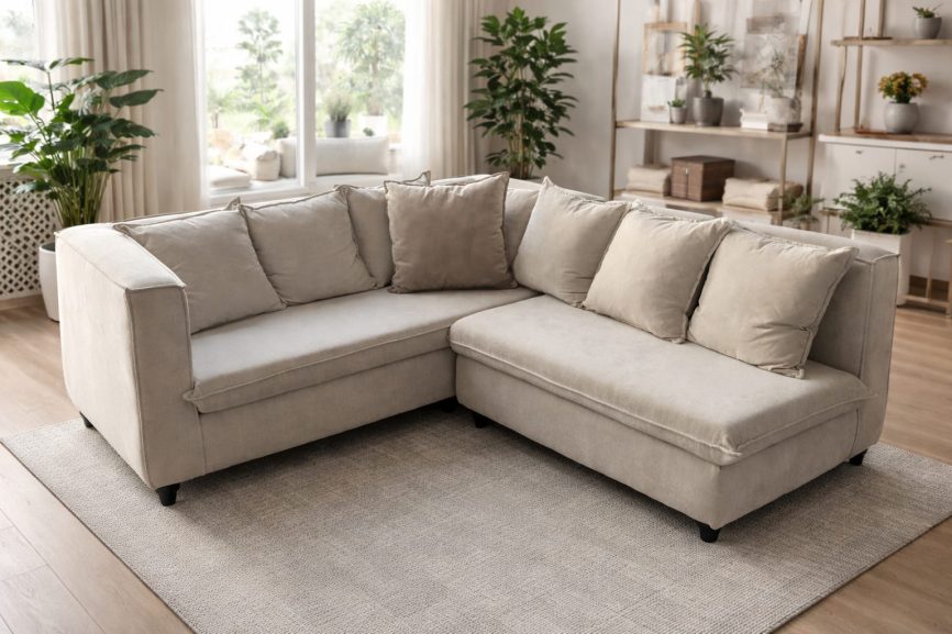 Sofá seccional con chaise longue bidireccional, de aire contemporáneo, gran amplitud y tapiz fácil de limpiar.