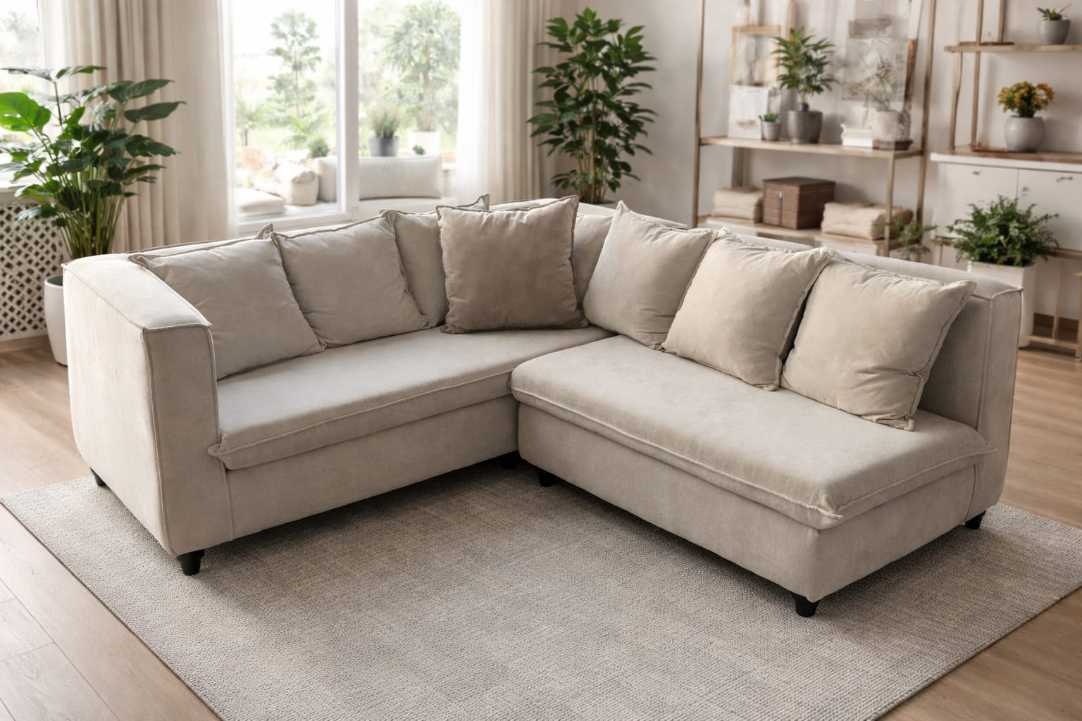 Sofá seccional con chaise longue bidireccional, de aire contemporáneo, gran amplitud y tapiz fácil de limpiar.