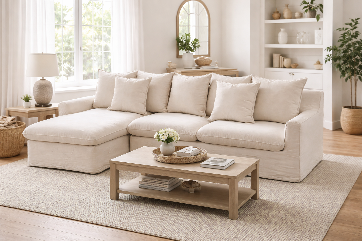Sofá seccional desenfundable de lino natural prelavado color blanco crudo, de estilo nórdico y líneas suaves.