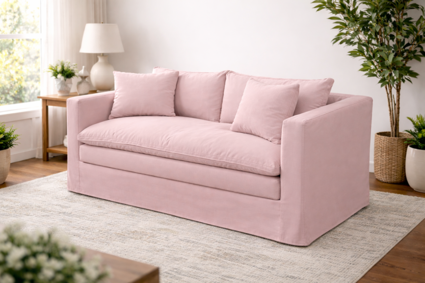 Sofá desenfundable de líneas envolventes, tapizado en lino natural prelavado tono rosé, con estética serena y delicada.