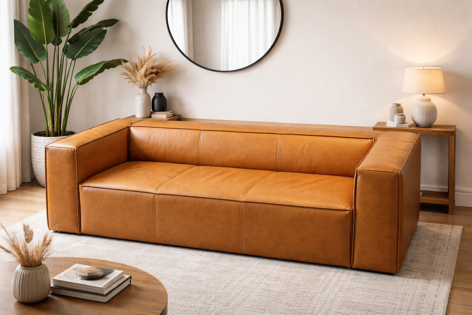 Sofá de cuero legítimo color camel, de líneas rectas y diseño contemporáneo.